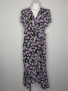 NWT Eywol Black Purple Crocus Chiffon Midi Wrap Dress XL